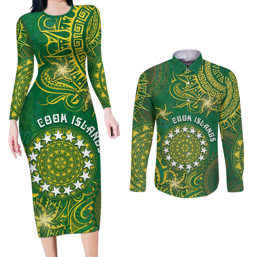 Personalised Cook Islands Couples Matching Long Sleeve Bodycon Dress and Long Sleeve Button Shirt Hibiscus Polynesian Tribal Pattern
