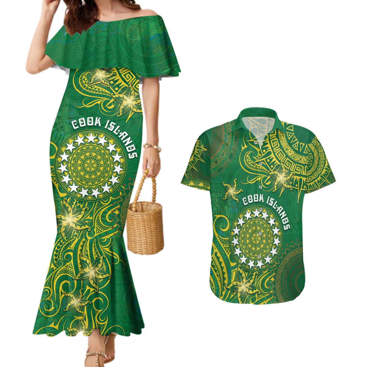 Personalised Cook Islands Couples Matching Mermaid Dress and Hawaiian Shirt Hibiscus Polynesian Tribal Pattern