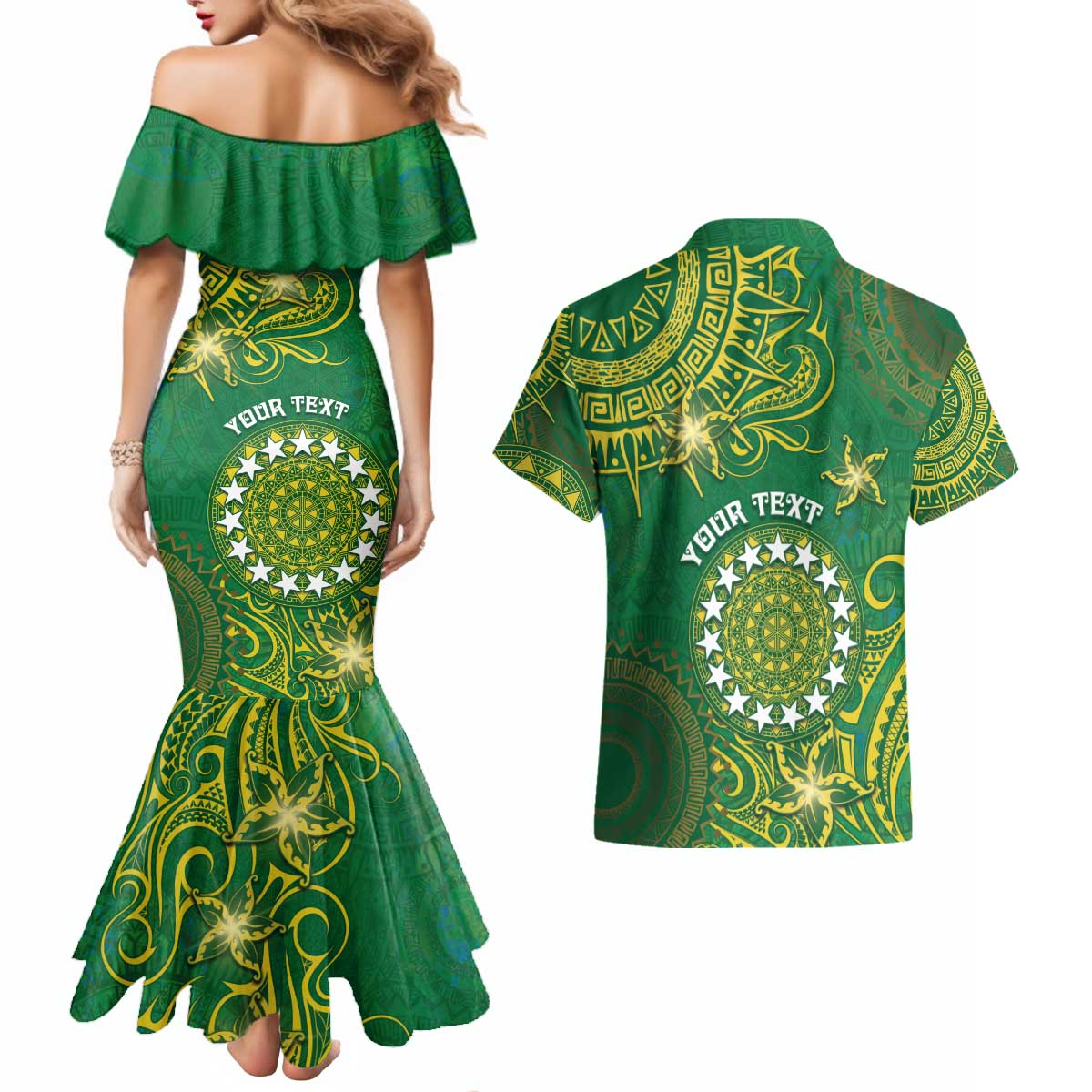Personalised Cook Islands Couples Matching Mermaid Dress and Hawaiian Shirt Hibiscus Polynesian Tribal Pattern