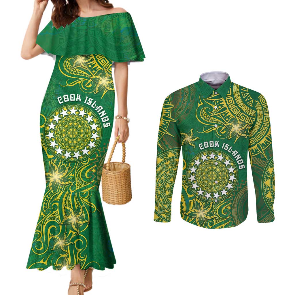 Personalised Cook Islands Couples Matching Mermaid Dress and Long Sleeve Button Shirt Hibiscus Polynesian Tribal Pattern