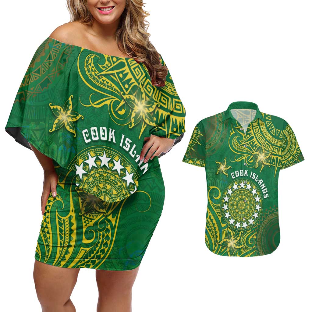 Personalised Cook Islands Couples Matching Off Shoulder Short Dress and Hawaiian Shirt Hibiscus Polynesian Tribal Pattern