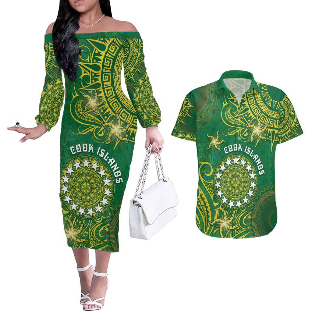 Personalised Cook Islands Couples Matching Off The Shoulder Long Sleeve Dress and Hawaiian Shirt Hibiscus Polynesian Tribal Pattern