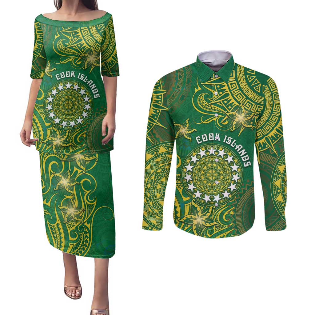 Personalised Cook Islands Couples Matching Puletasi and Long Sleeve Button Shirt Hibiscus Polynesian Tribal Pattern