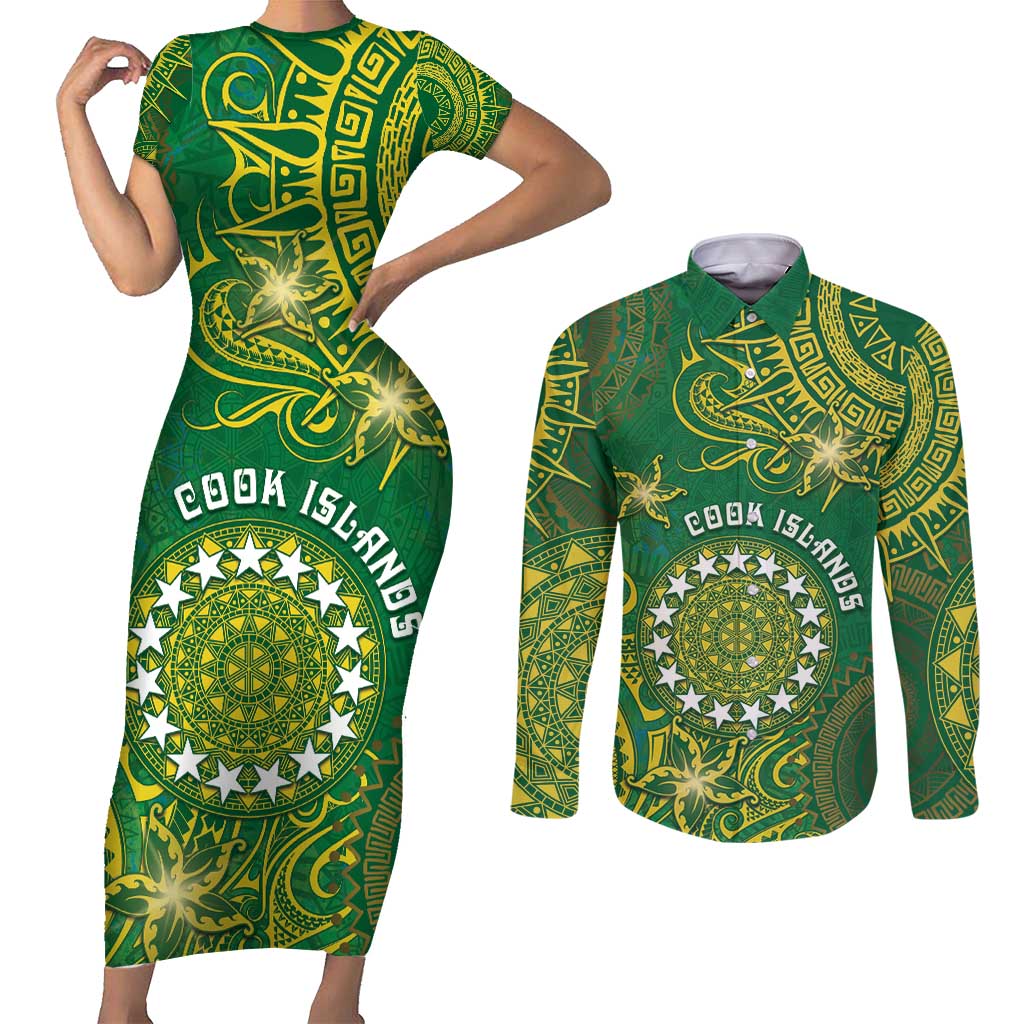 Personalised Cook Islands Couples Matching Short Sleeve Bodycon Dress and Long Sleeve Button Shirt Hibiscus Polynesian Tribal Pattern