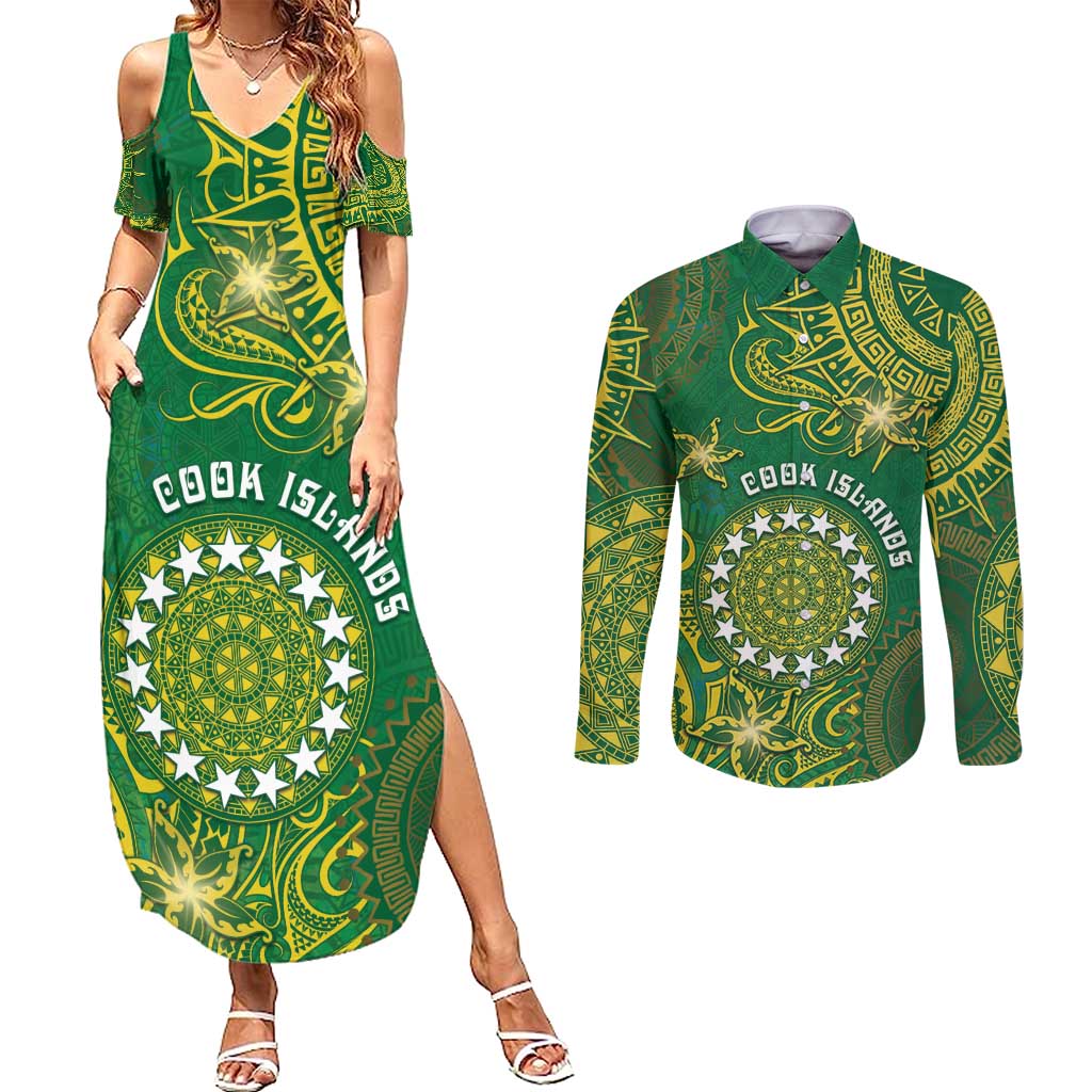 Personalised Cook Islands Couples Matching Summer Maxi Dress and Long Sleeve Button Shirt Hibiscus Polynesian Tribal Pattern