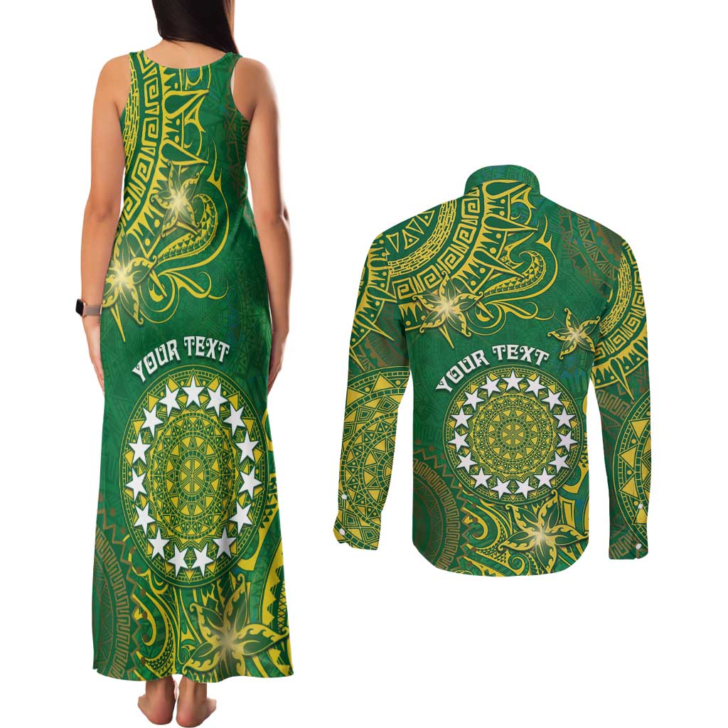 Personalised Cook Islands Couples Matching Tank Maxi Dress and Long Sleeve Button Shirt Hibiscus Polynesian Tribal Pattern