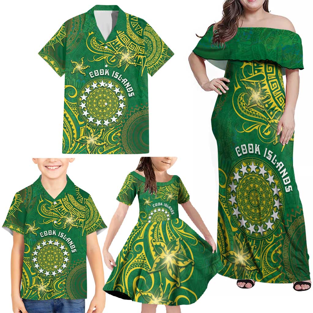 Personalised Cook Islands Family Matching Off Shoulder Maxi Dress and Hawaiian Shirt Hibiscus Polynesian Tribal Pattern