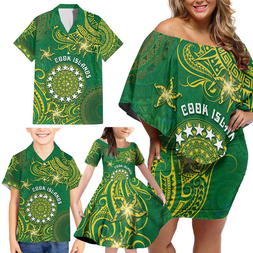 Personalised Cook Islands Family Matching Off Shoulder Short Dress and Hawaiian Shirt Hibiscus Polynesian Tribal Pattern