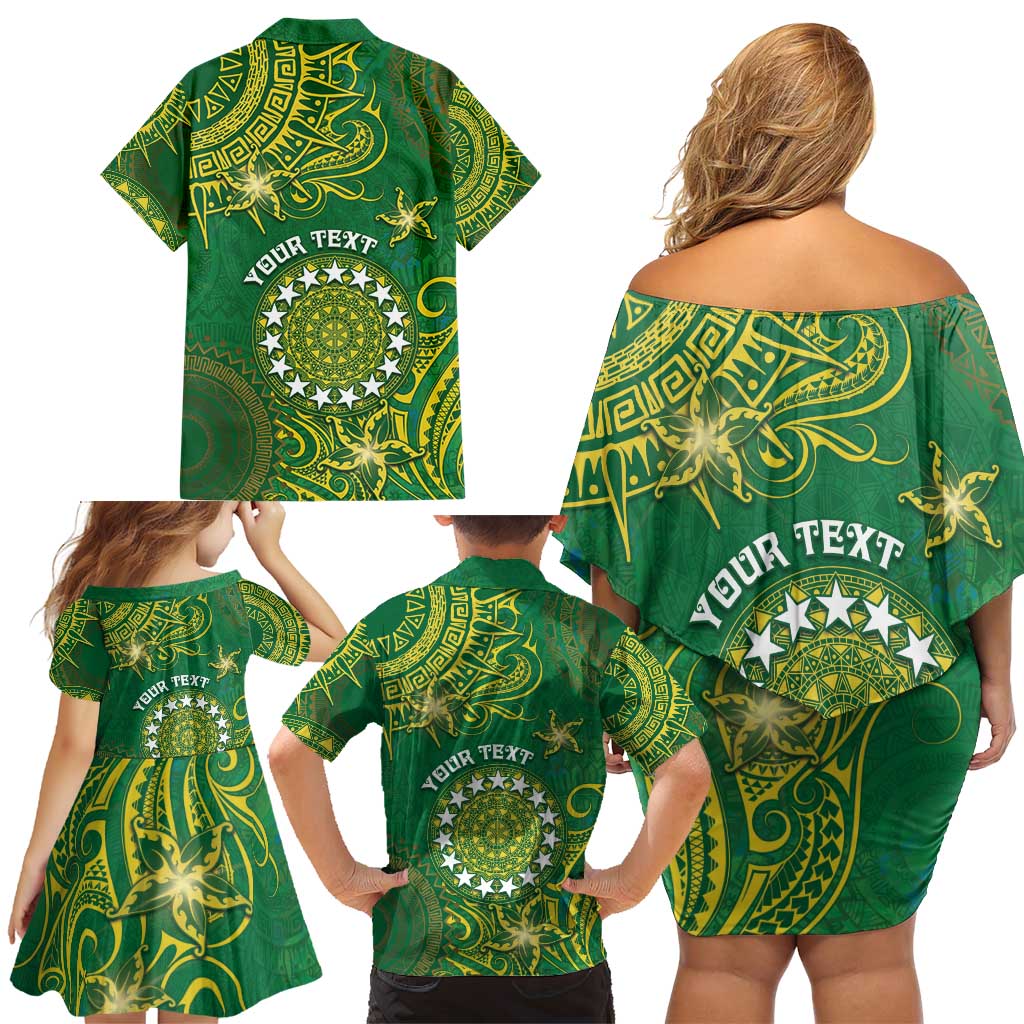 Personalised Cook Islands Family Matching Off Shoulder Short Dress and Hawaiian Shirt Hibiscus Polynesian Tribal Pattern