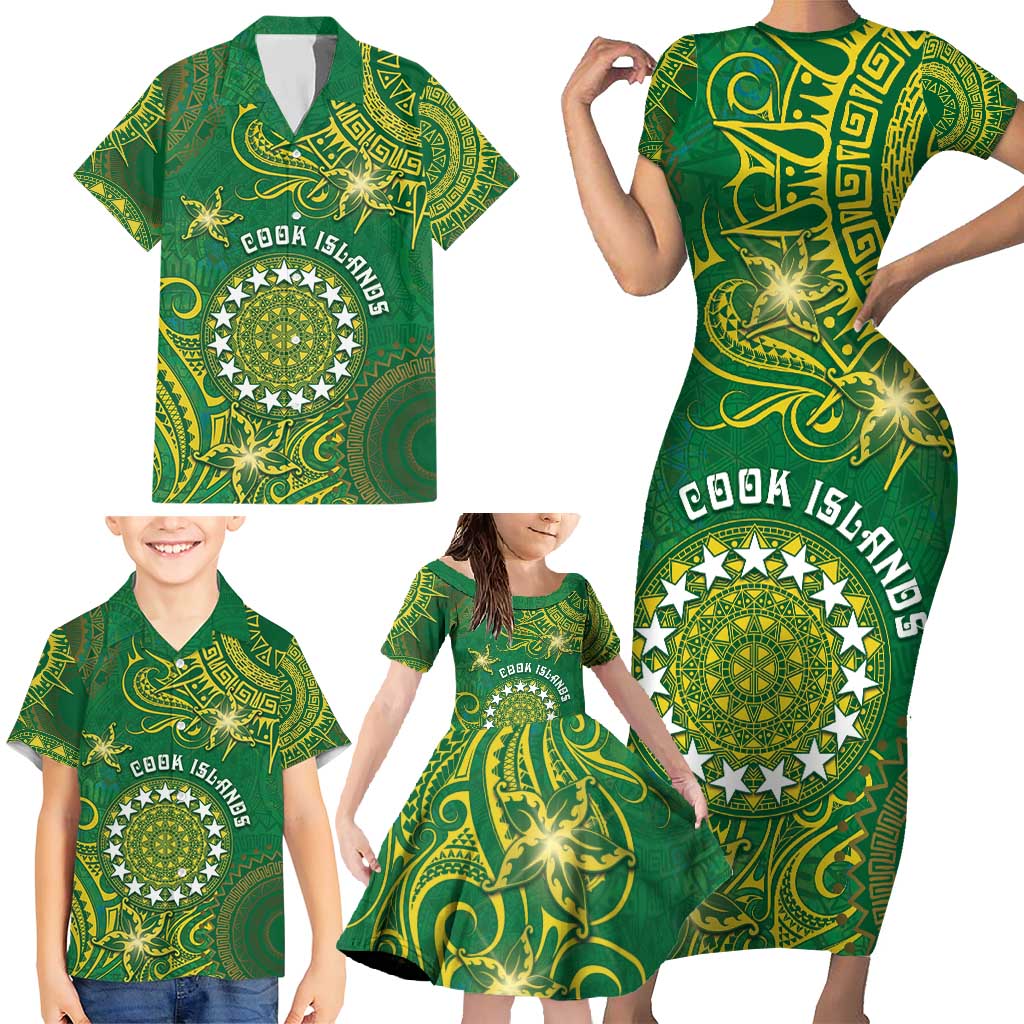Personalised Cook Islands Family Matching Short Sleeve Bodycon Dress and Hawaiian Shirt Hibiscus Polynesian Tribal Pattern