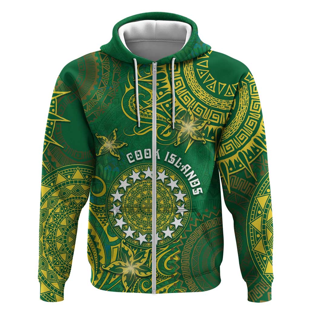 Personalised Cook Islands Hoodie Hibiscus Polynesian Tribal Pattern DT05 Zip Hoodie Green - Polynesian Pride