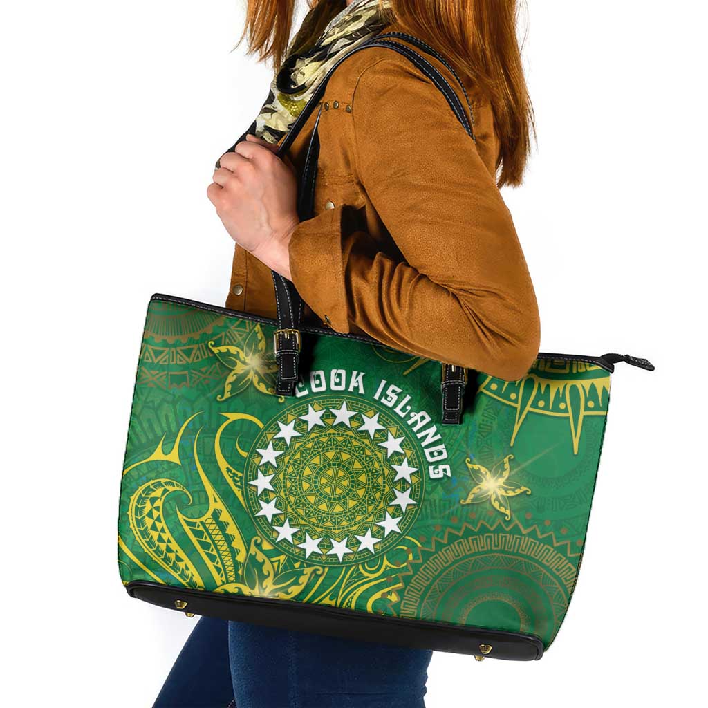 Cook Islands Leather Tote Bag Hibiscus Polynesian Tribal Pattern DT05 Green - Polynesian Pride