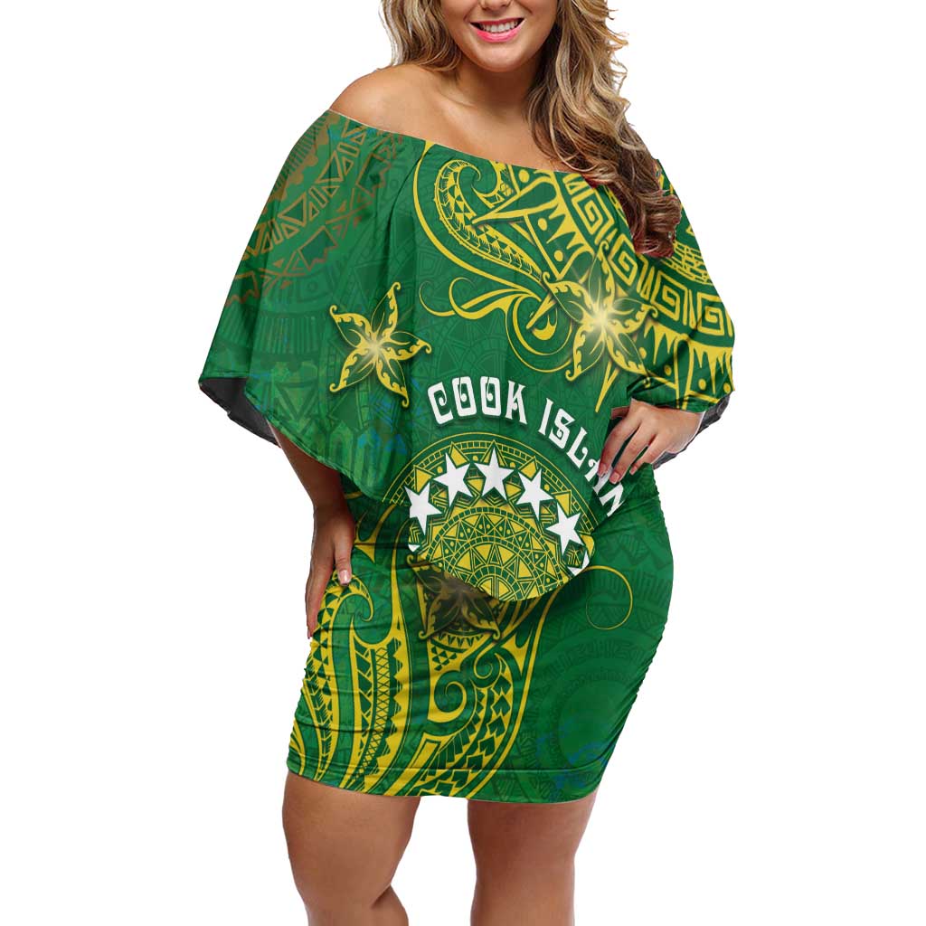 Personalised Cook Islands Off Shoulder Short Dress Hibiscus Polynesian Tribal Pattern