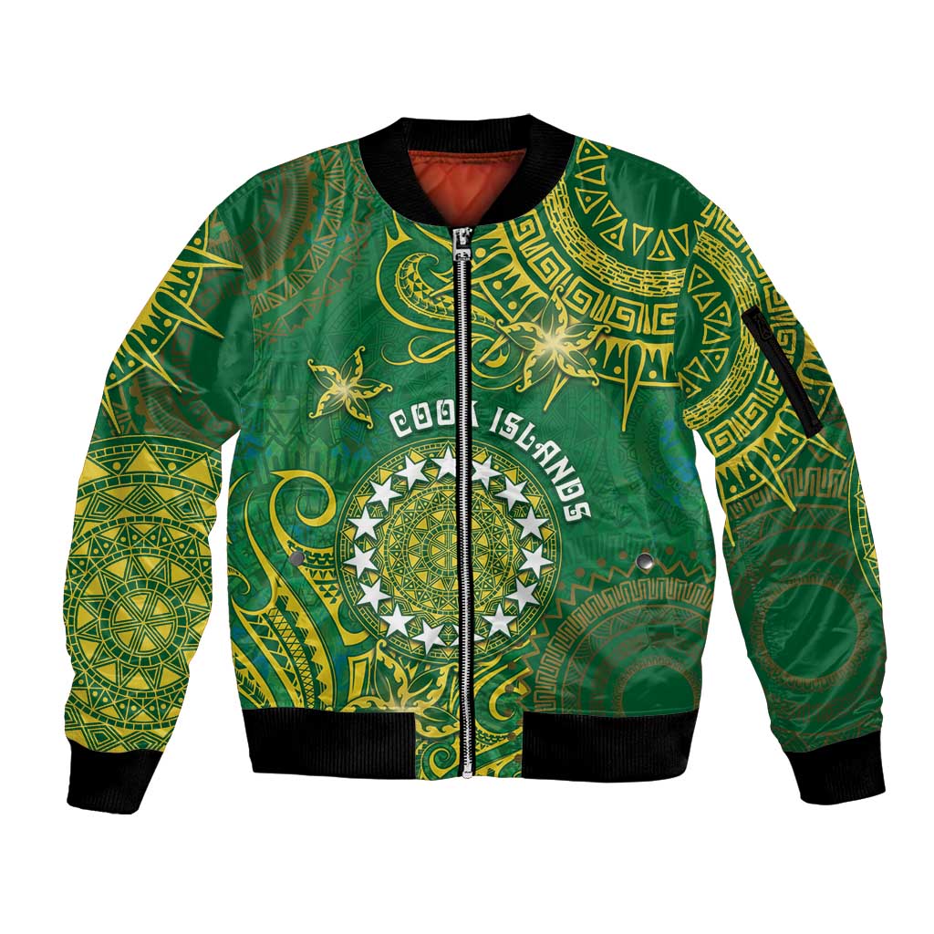 Personalised Cook Islands Sleeve Zip Bomber Jacket Hibiscus Polynesian Tribal Pattern