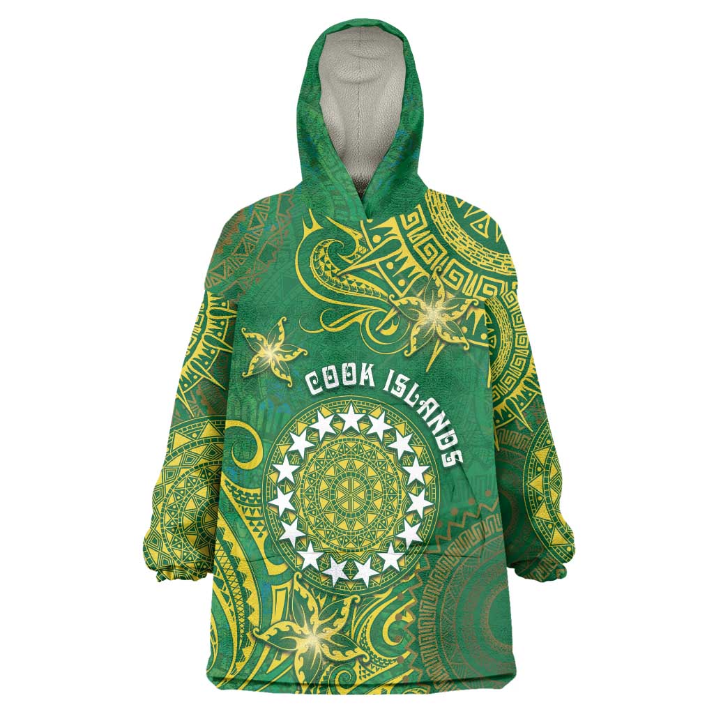 Personalised Cook Islands Wearable Blanket Hoodie Hibiscus Polynesian Tribal Pattern DT05 One Size Green - Polynesian Pride