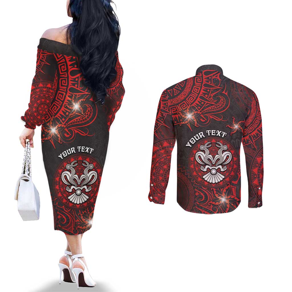 Personalised Easter Island Couples Matching Off The Shoulder Long Sleeve Dress and Long Sleeve Button Shirt Hibiscus Polynesian Tribal Pattern