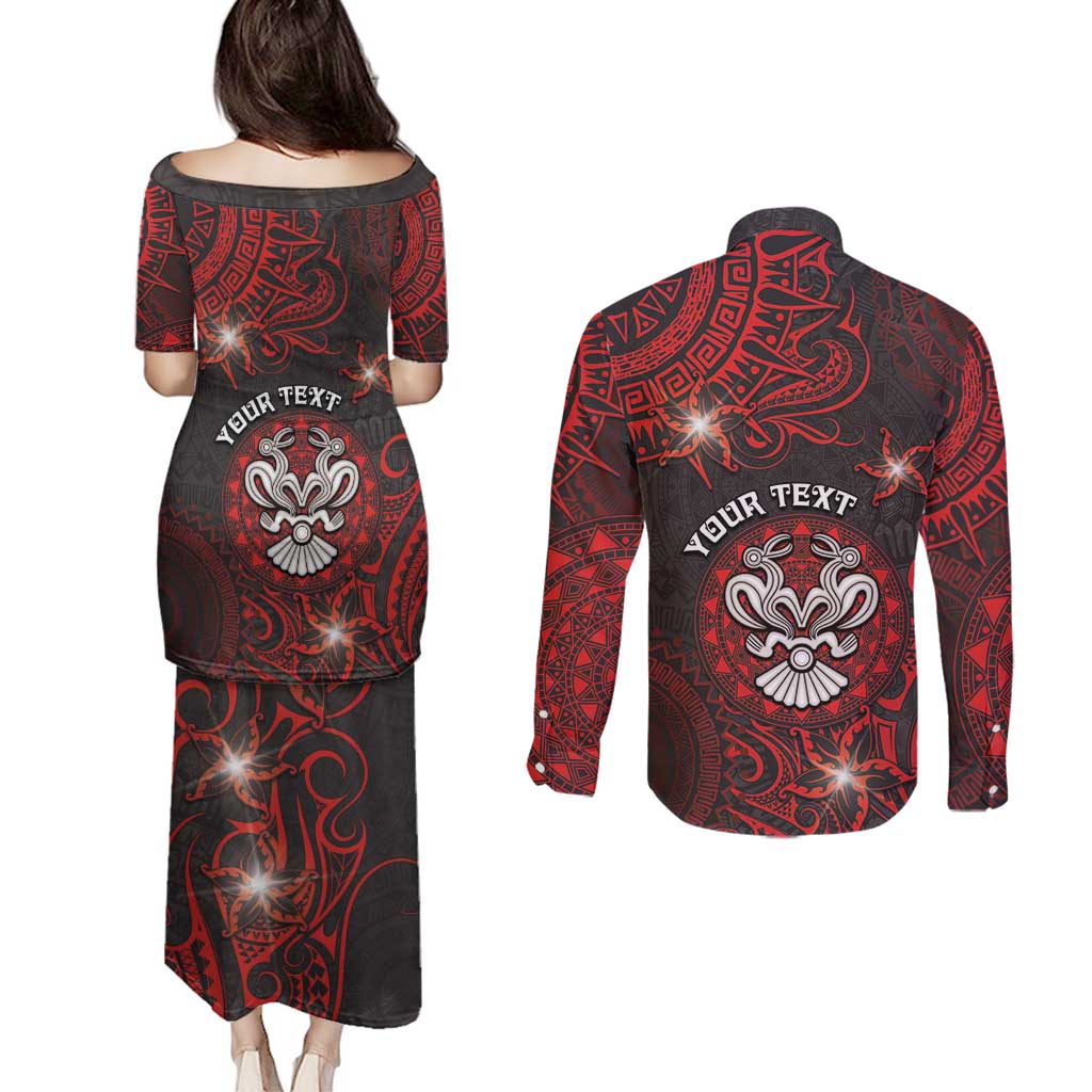 Personalised Easter Island Couples Matching Puletasi and Long Sleeve Button Shirt Hibiscus Polynesian Tribal Pattern DT05 - Polynesian Pride