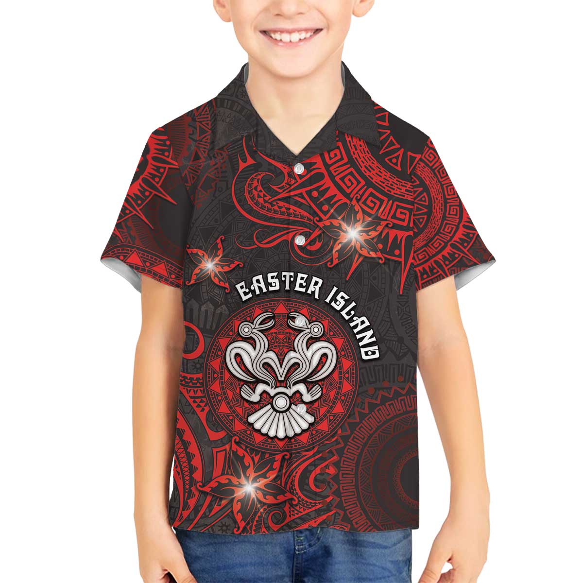 Personalised Easter Island Family Matching Off The Shoulder Long Sleeve Dress and Hawaiian Shirt Hibiscus Polynesian Tribal Pattern