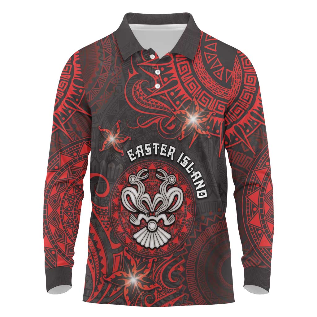 Personalised Easter Island Long Sleeve Polo Shirt Hibiscus Polynesian Tribal Pattern DT05 Black - Polynesian Pride