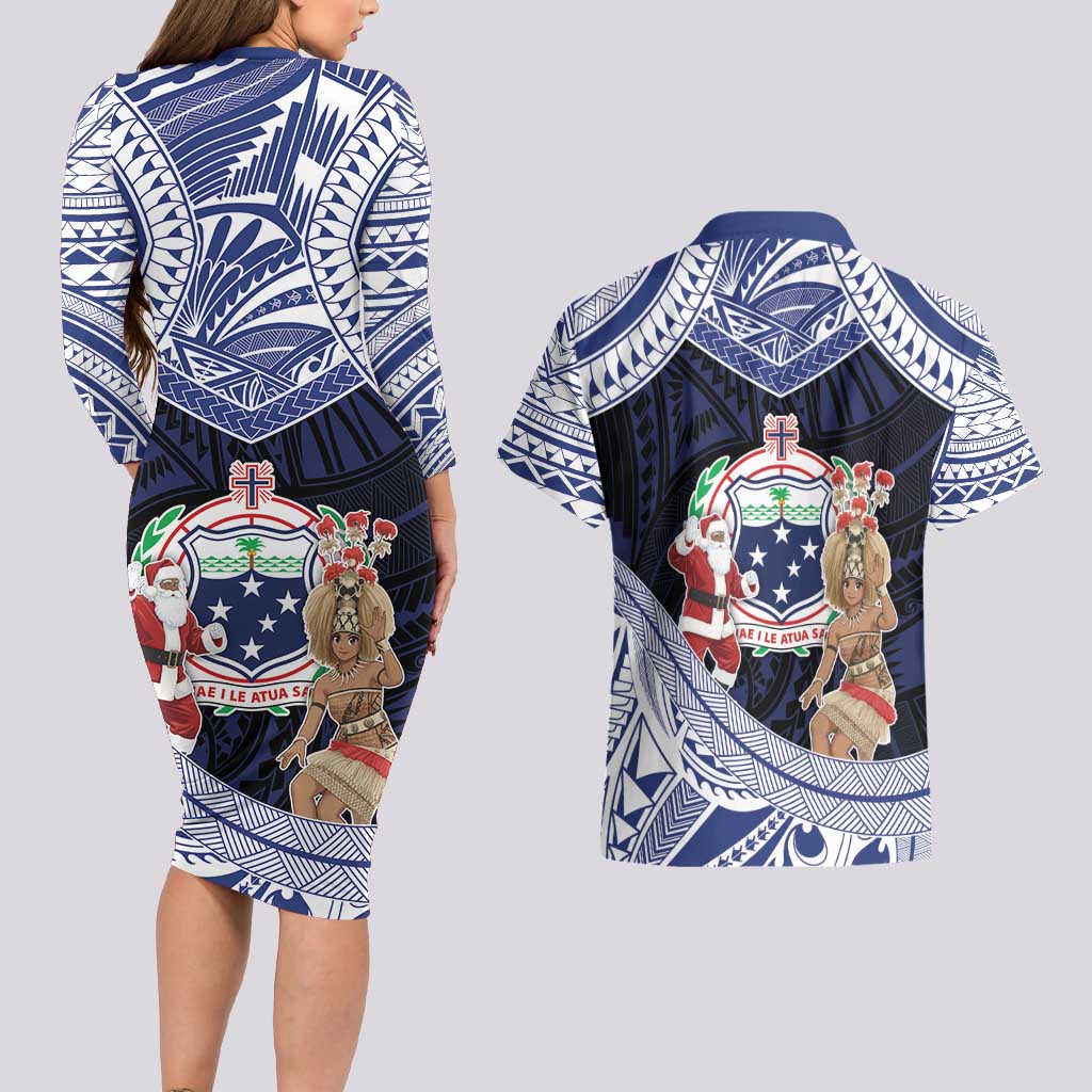 Samoa Christmas Couples Matching Long Sleeve Bodycon Dress and Hawaiian Shirt Samoan Siva Dance With Santa - Polynesian Pride