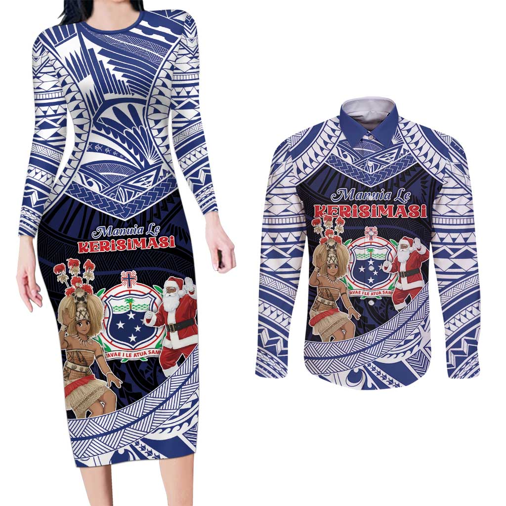 Samoa Christmas Couples Matching Long Sleeve Bodycon Dress and Long Sleeve Button Shirt Samoan Siva Dance With Santa - Polynesian Pride