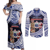 Samoa Christmas Couples Matching Off Shoulder Maxi Dress and Long Sleeve Button Shirt Samoan Siva Dance With Santa - Polynesian Pride
