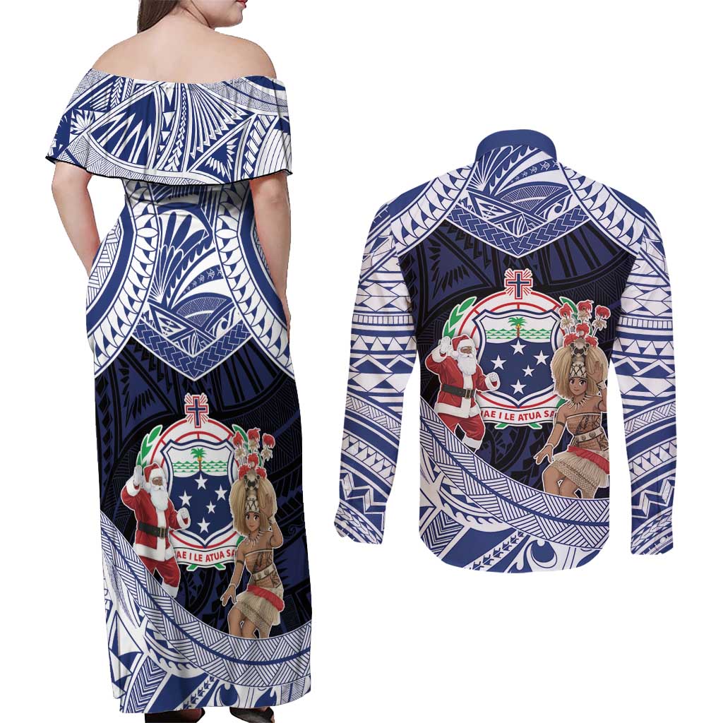 Samoa Christmas Couples Matching Off Shoulder Maxi Dress and Long Sleeve Button Shirt Samoan Siva Dance With Santa - Polynesian Pride
