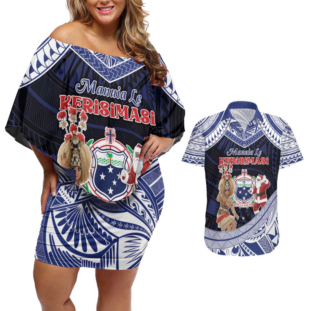 Samoa Christmas Couples Matching Off Shoulder Short Dress and Hawaiian Shirt Samoan Siva Dance With Santa - Polynesian Pride