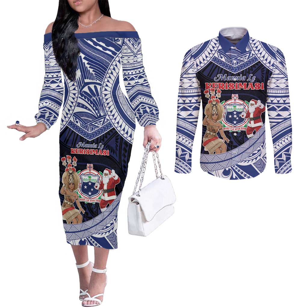 Samoa Christmas Couples Matching Off The Shoulder Long Sleeve Dress and Long Sleeve Button Shirt Samoan Siva Dance With Santa - Polynesian Pride