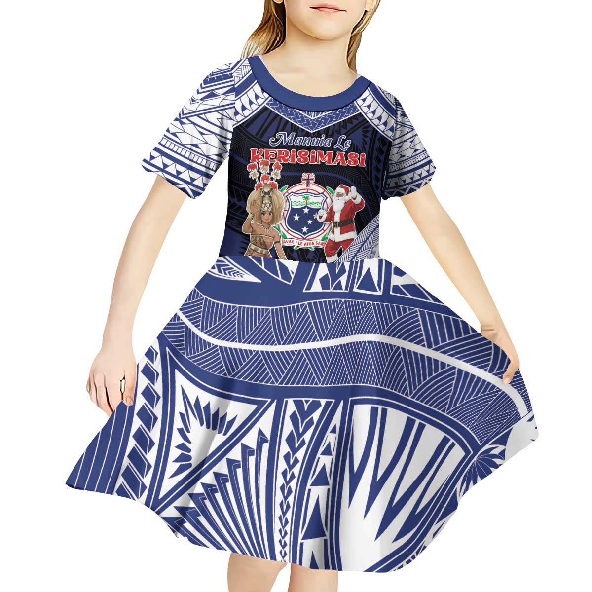Samoa Christmas Kid Short Sleeve Dress Samoan Siva Dance With Santa - Polynesian Pride