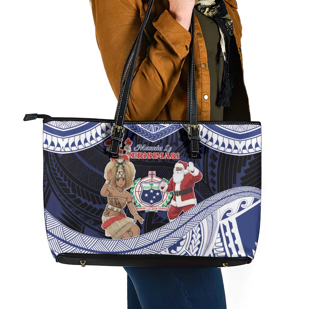 Samoa Christmas Leather Tote Bag Samoan Siva Dance With Santa - Polynesian Pride