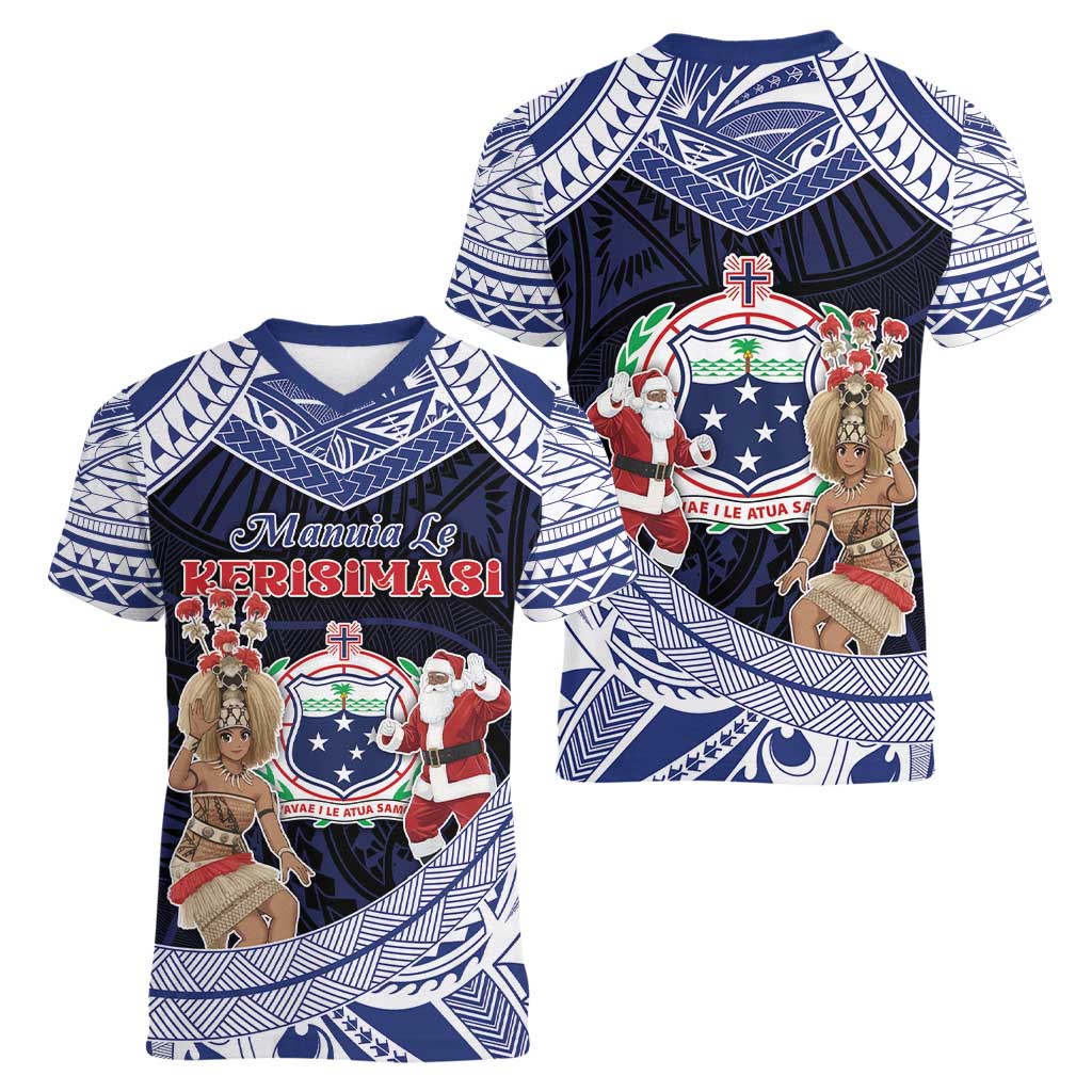 Samoa Christmas Women V-Neck T-Shirt Samoan Siva Dance With Santa - Polynesian Pride