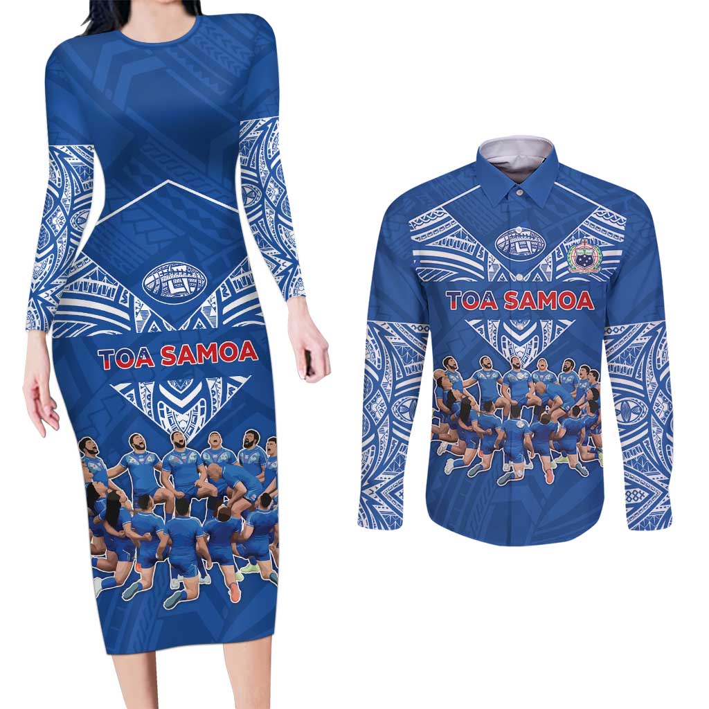 Toa Samoa Couples Matching Long Sleeve Bodycon Dress and Long Sleeve Button Shirt Samoan Warrior Spirit Rugby - Polynesian Pride