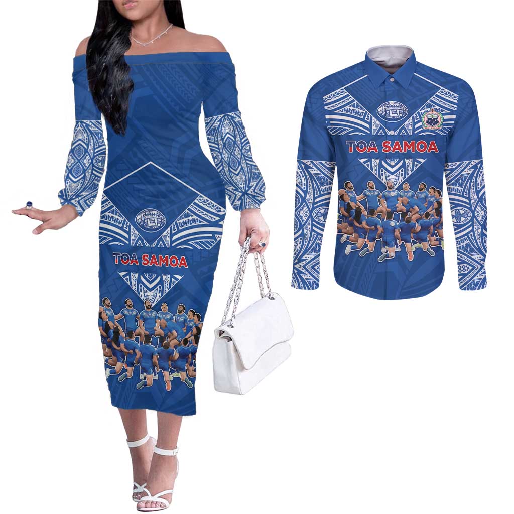 Toa Samoa Couples Matching Off The Shoulder Long Sleeve Dress and Long Sleeve Button Shirt Samoan Warrior Spirit Rugby - Polynesian Pride