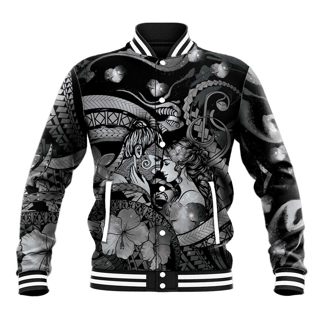Personalised Maori Romantic Valentine Baseball Jacket The Hongi Kiss Black Galaxy