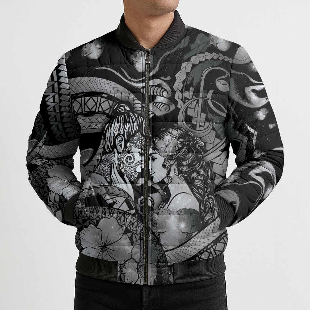 Personalised Maori Romantic Valentine Bomber Puffer Jacket The Hongi Kiss Black Galaxy