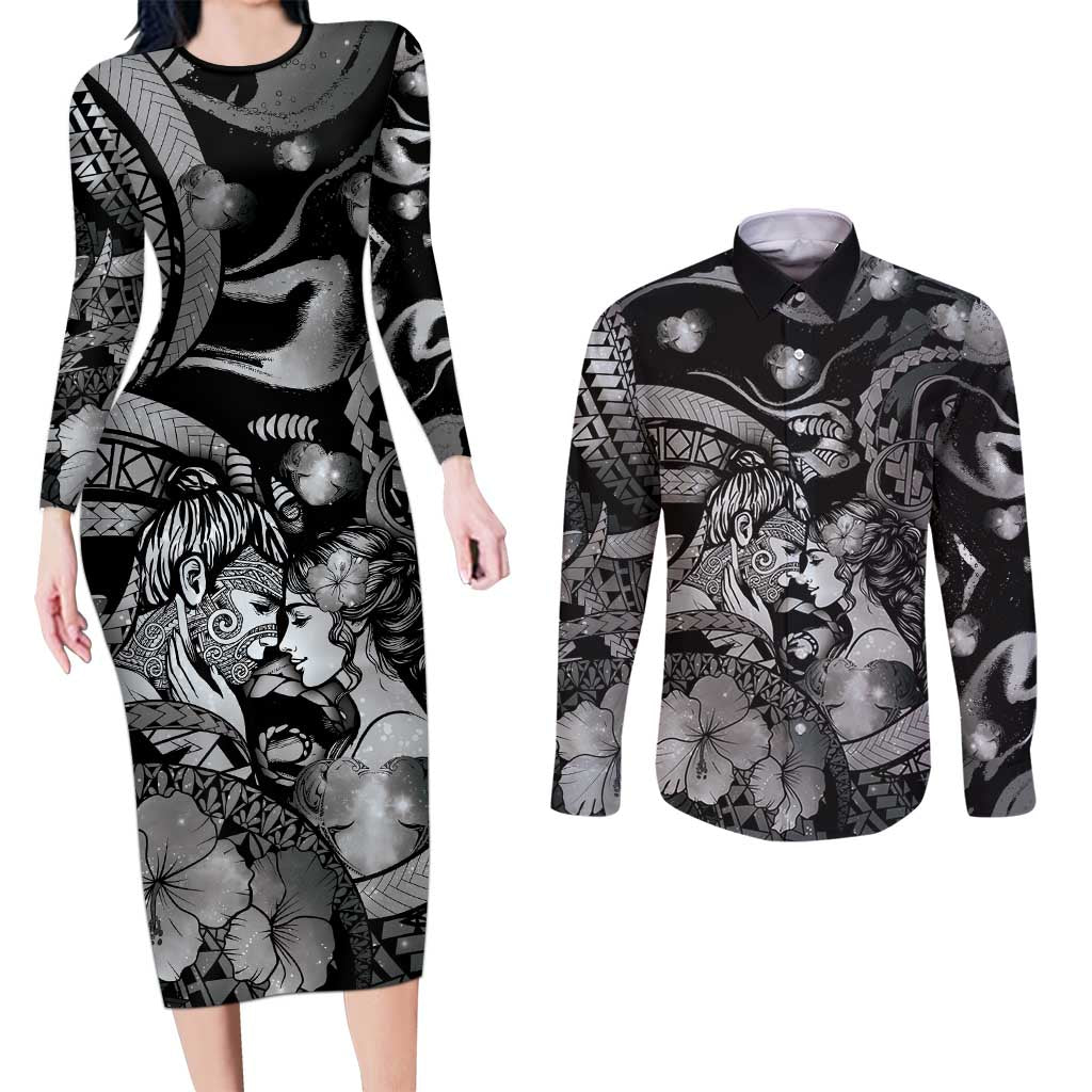 Personalised Maori Romantic Valentine Couples Matching Long Sleeve Bodycon Dress and Long Sleeve Button Shirt The Hongi Kiss Black Galaxy