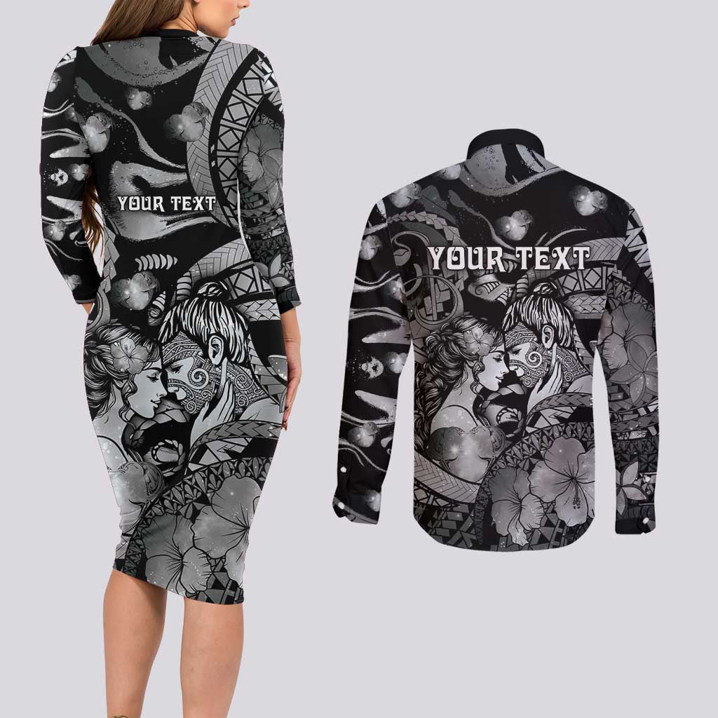 Personalised Maori Romantic Valentine Couples Matching Long Sleeve Bodycon Dress and Long Sleeve Button Shirt The Hongi Kiss Black Galaxy