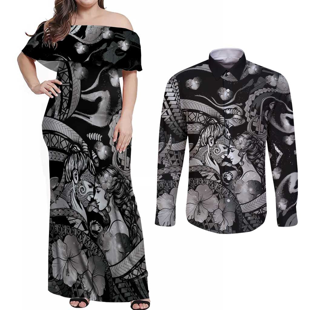 Personalised Maori Romantic Valentine Couples Matching Off Shoulder Maxi Dress and Long Sleeve Button Shirt The Hongi Kiss Black Galaxy DT05 Black - Polynesian Pride