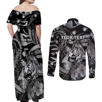 Personalised Maori Romantic Valentine Couples Matching Off Shoulder Maxi Dress and Long Sleeve Button Shirt The Hongi Kiss Black Galaxy DT05 - Polynesian Pride