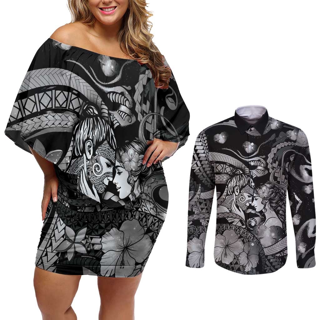 Personalised Maori Romantic Valentine Couples Matching Off Shoulder Short Dress and Long Sleeve Button Shirt The Hongi Kiss Black Galaxy DT05 Black - Polynesian Pride