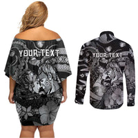 Personalised Maori Romantic Valentine Couples Matching Off Shoulder Short Dress and Long Sleeve Button Shirt The Hongi Kiss Black Galaxy DT05 - Polynesian Pride