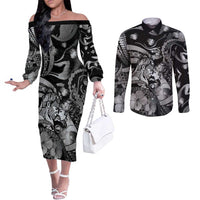 Personalised Maori Romantic Valentine Couples Matching Off The Shoulder Long Sleeve Dress and Long Sleeve Button Shirt The Hongi Kiss Black Galaxy