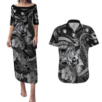 Personalised Maori Romantic Valentine Couples Matching Puletasi and Hawaiian Shirt The Hongi Kiss Black Galaxy DT05 Black - Polynesian Pride
