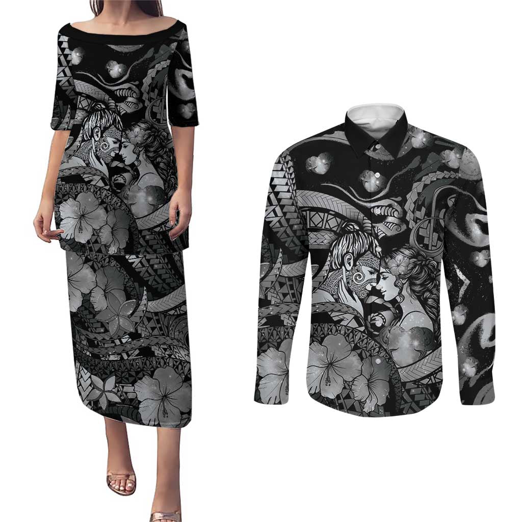 Personalised Maori Romantic Valentine Couples Matching Puletasi and Long Sleeve Button Shirt The Hongi Kiss Black Galaxy DT05 Black - Polynesian Pride