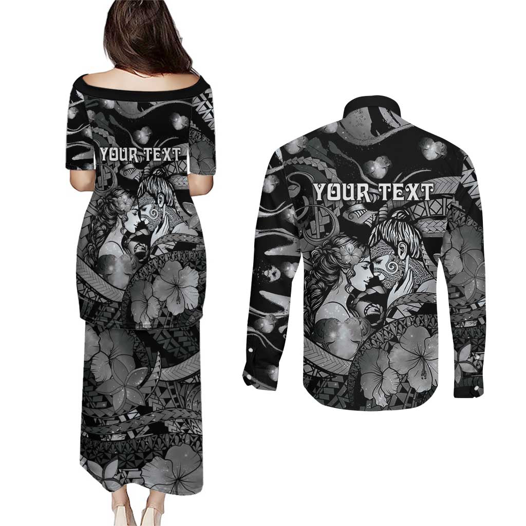Personalised Maori Romantic Valentine Couples Matching Puletasi and Long Sleeve Button Shirt The Hongi Kiss Black Galaxy DT05 - Polynesian Pride