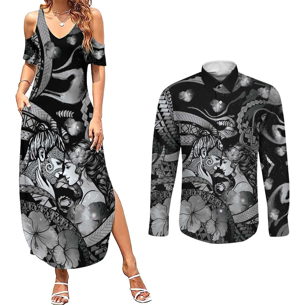 Personalised Maori Romantic Valentine Couples Matching Summer Maxi Dress and Long Sleeve Button Shirt The Hongi Kiss Black Galaxy DT05 Black - Polynesian Pride