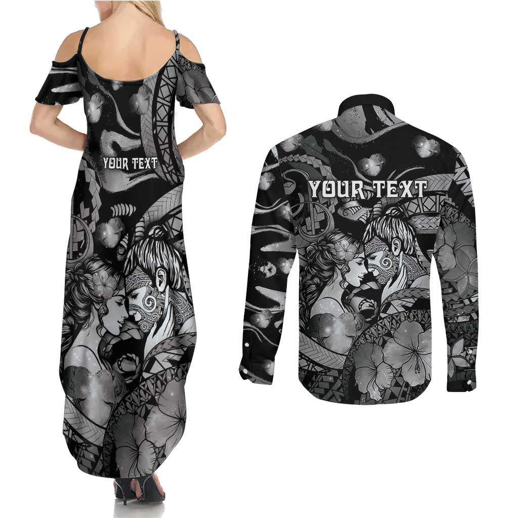 Personalised Maori Romantic Valentine Couples Matching Summer Maxi Dress and Long Sleeve Button Shirt The Hongi Kiss Black Galaxy DT05 - Polynesian Pride