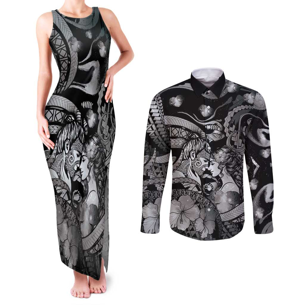 Personalised Maori Romantic Valentine Couples Matching Tank Maxi Dress and Long Sleeve Button Shirt The Hongi Kiss Black Galaxy