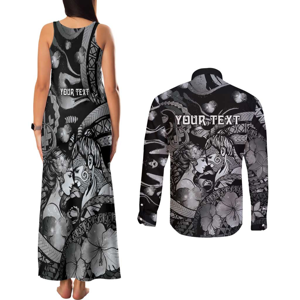 Personalised Maori Romantic Valentine Couples Matching Tank Maxi Dress and Long Sleeve Button Shirt The Hongi Kiss Black Galaxy